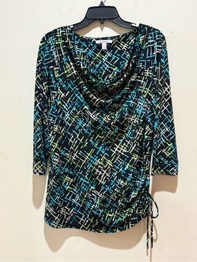 JM Collection Black Cowl Neck Top with Teal and Lime Print